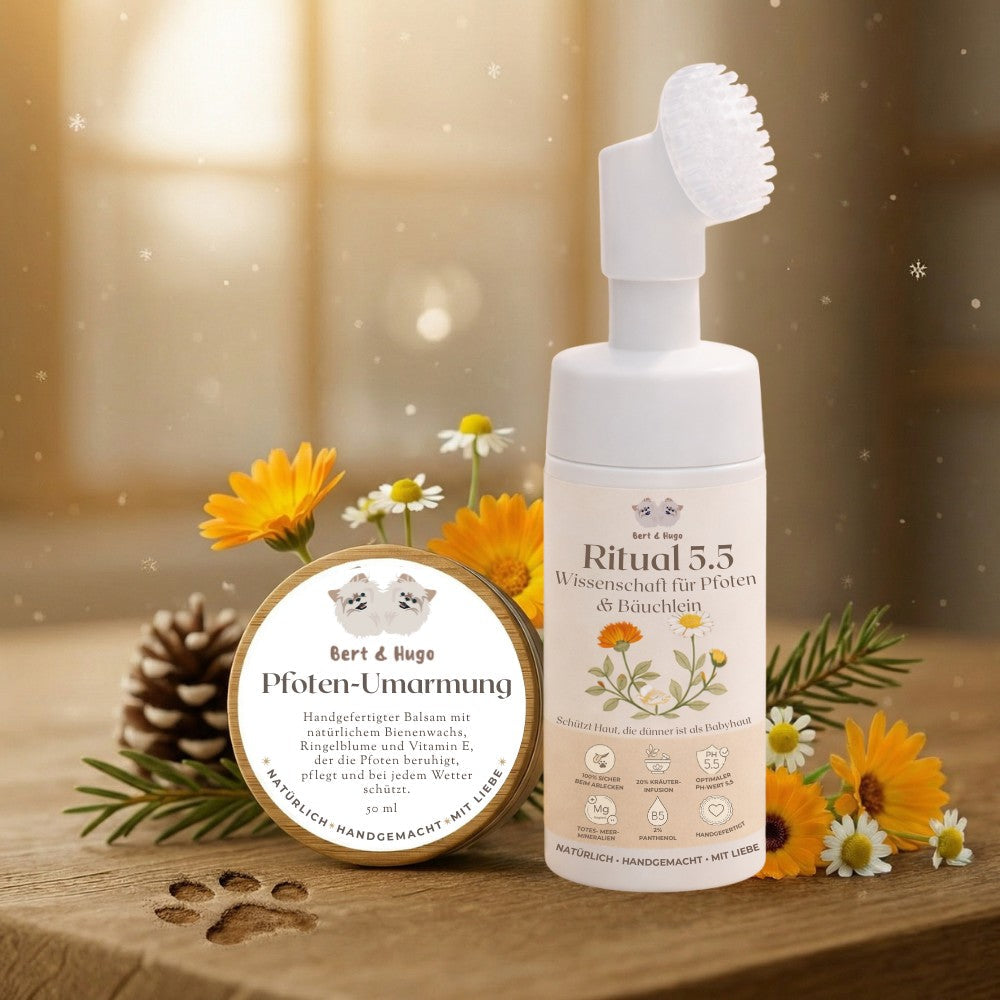Duo-Pflegeset Bert & Hugo: Ritual 5.5 Wissenschaft für Pfoten & Bäuchlein + Pfoten-Umarmung