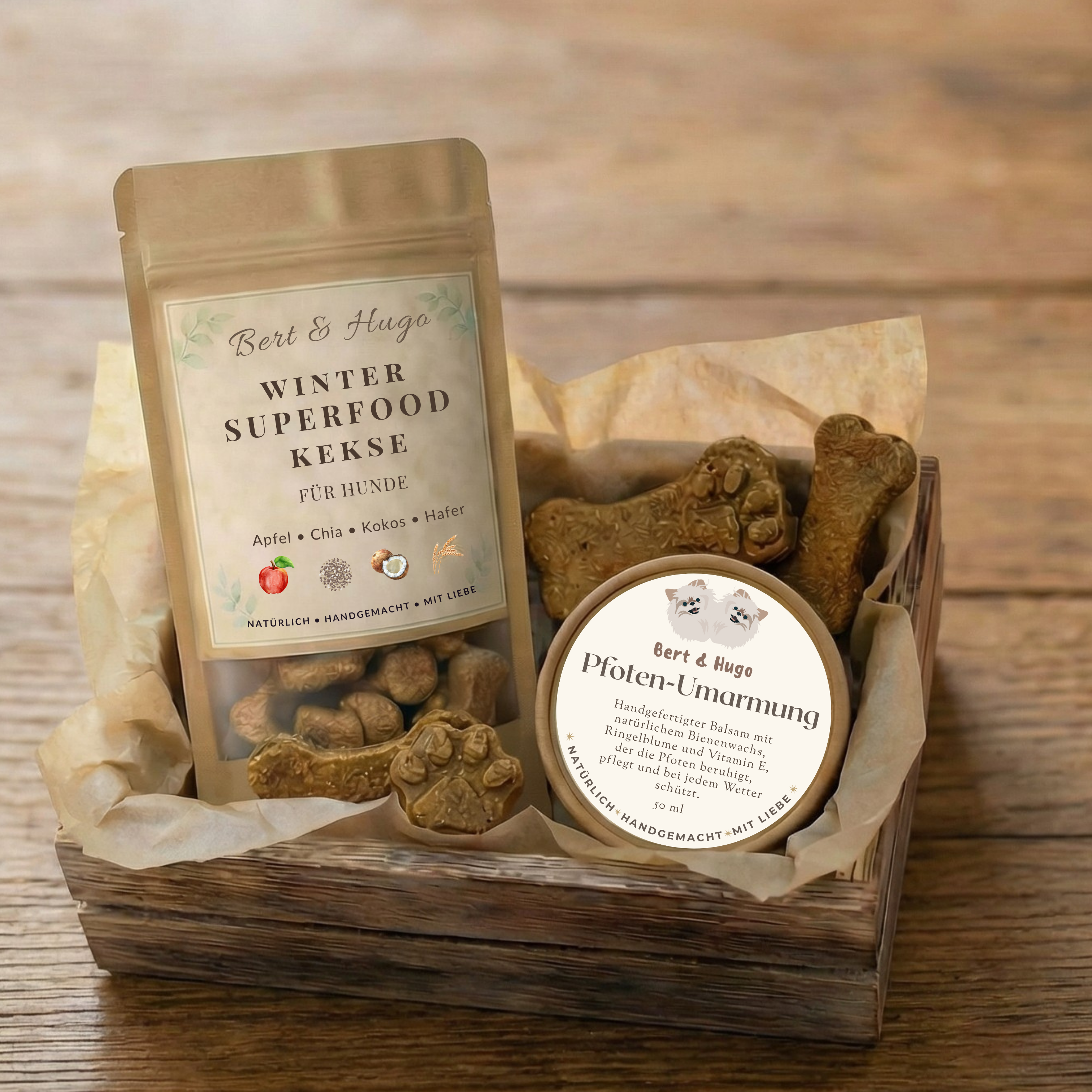 Winterset Bert & Hugo: Pfoten-Umarmung + Winter‑Superfood‑Kekse