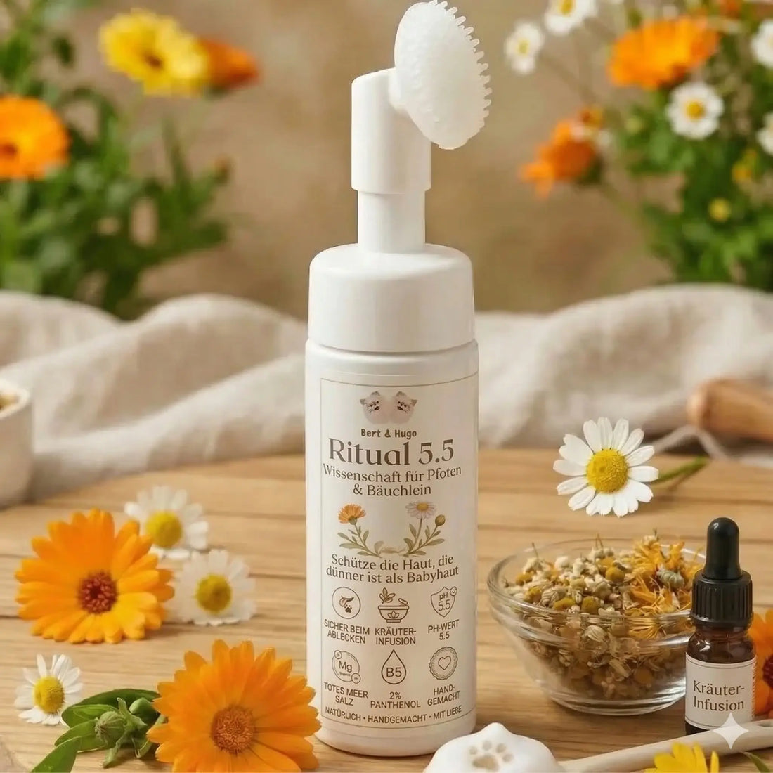 Duo-Pflegeset Bert &amp; Hugo: Ritual 5.5 Wissenschaft für Pfoten &amp; Bäuchlein + Pfoten-Umarmung